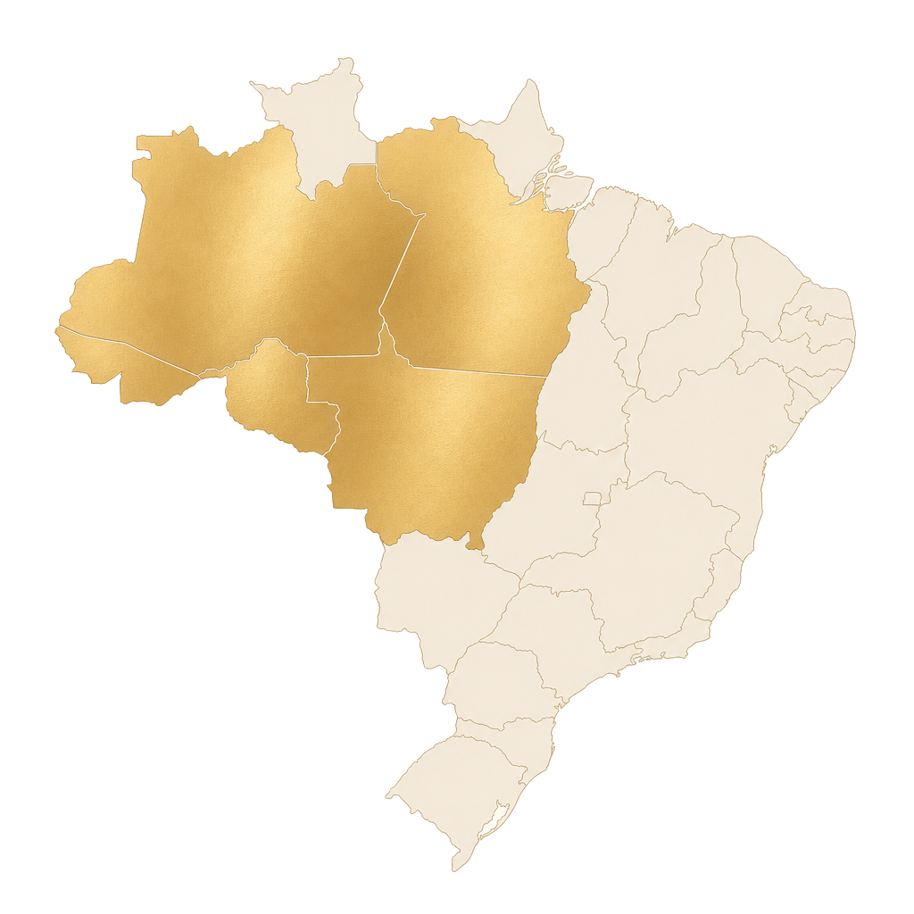 Mapa do Brasil com os estados atendidos pela Forja destacados em dourado
